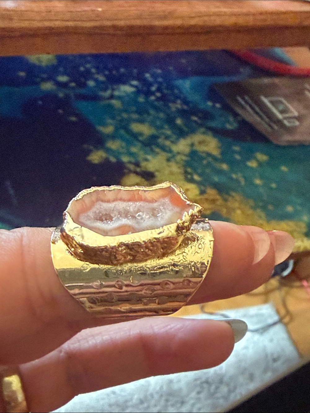 raw Geod Gold-Tone Agate Druzy Statement Ring - Pink Agate adjustable